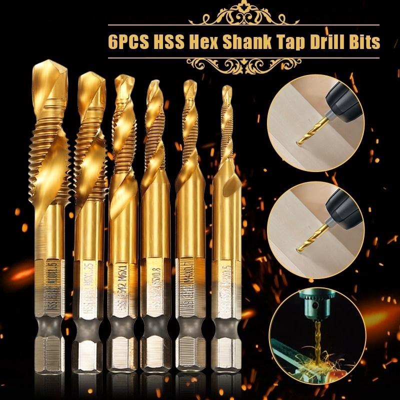 6pcs/Lot 1/4'' Hex Shank Thread Drill Bits HSS Coated Composite Tap Countersink Twist Metal Drilling Set Screw Tap Tool
