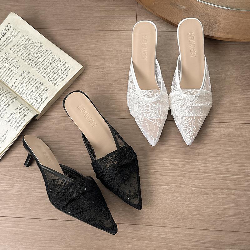 Fashion New Popular White Embroidery Lace Heels Mule Slide Woman Point Toe Stiletto Bride Shoes Ladies Elegant Wedding Party Dress Pumps