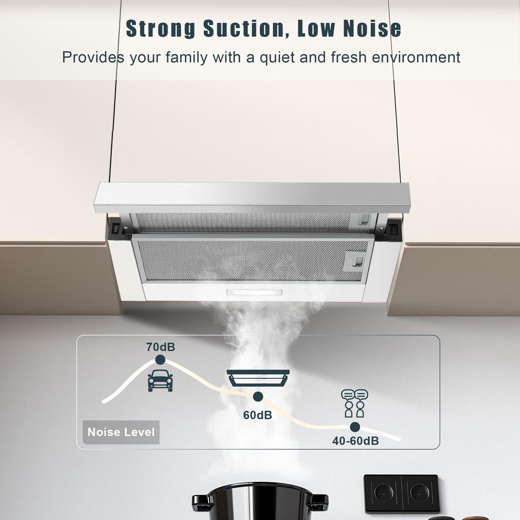 KICHPOWER 60cm Range Hood, Built-in Extractor with Recirculation/Ducted Modes, 12 M³/min, Carbon Filter, LED Lighting