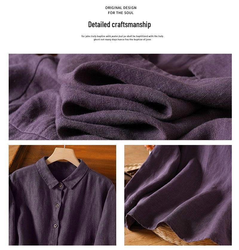 Женская льняная рубашка с длинным рукавом глубокого фиолетового цвета - Ранняя осень, Литературный ретро, Свободный крой, Высокий класс, Тонкий стиль