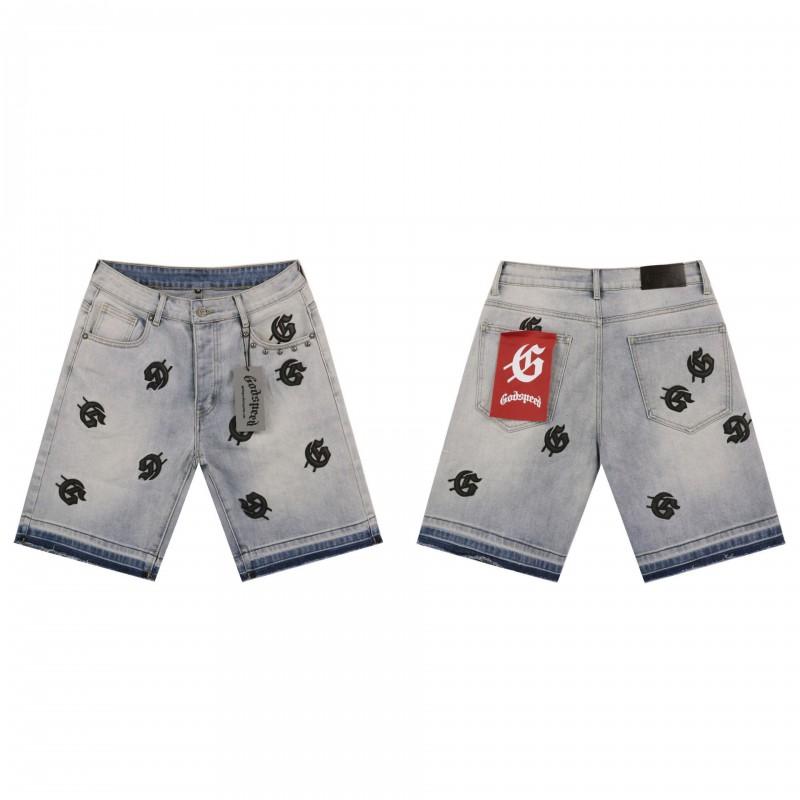 Mens Distressed Washed Denim Shorts With Embroidery Streetwear Straight Cut Mid-Rise Casual Five-Point Pants