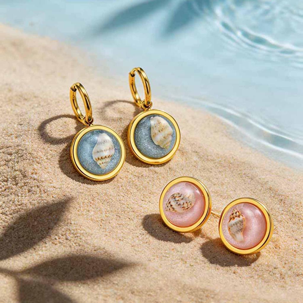 Vnox New Trendy Pink Resin Conch Earrings for Women Stainless Steel French Conch Earrings Summer Holiday Ocean Style Ear Jewelry