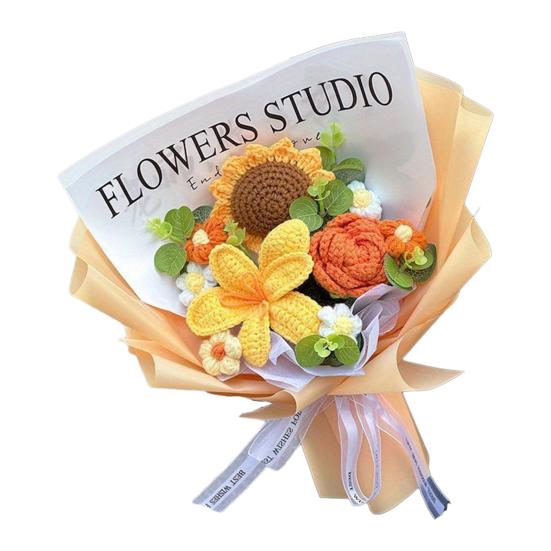 Crochet Flower Bouquet Handmade Knitted Cotton Thread Flowers Artificial Sunflower Wildflower Bouquet for Valentine's Day Anniversary Birthday