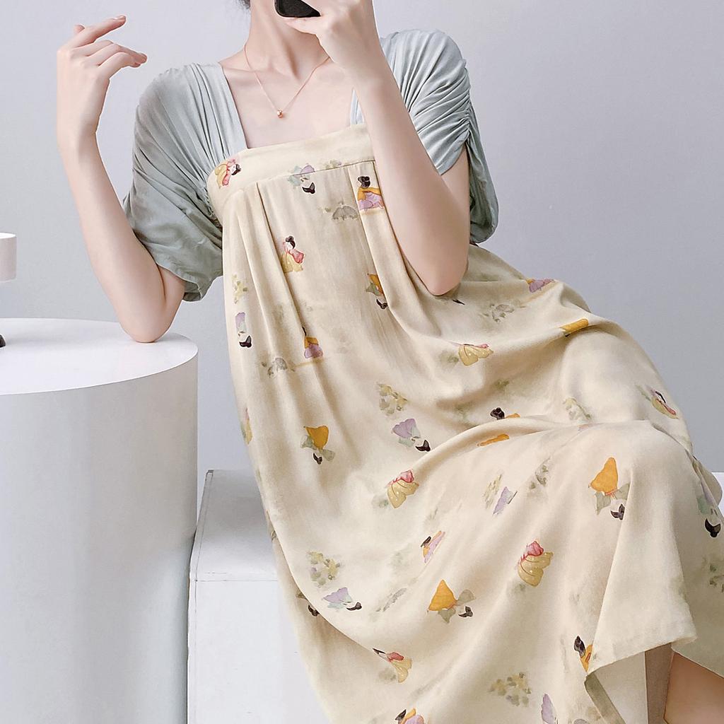 French nightdress women's summer short-sleeved cotton and silk loose large size can be worn outside loungewear set summer pajamas retro long dress