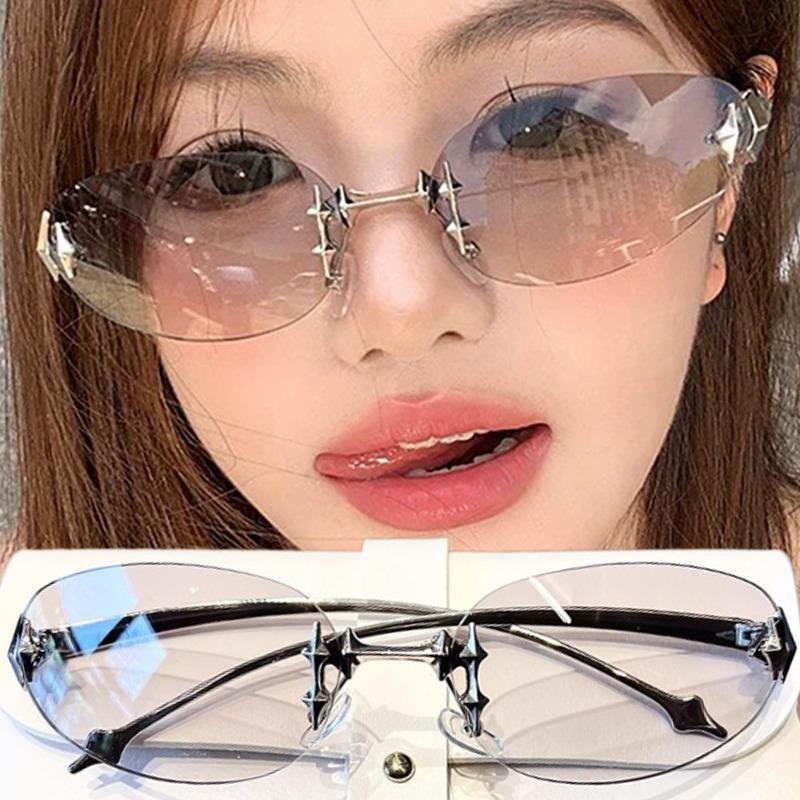 Новые безободковые солнцезащитные очки Модные женские ретро-декоративные очки Овальные Высококлассные Роскошные Декоративные Дизайнерские Солнцезащитные очки