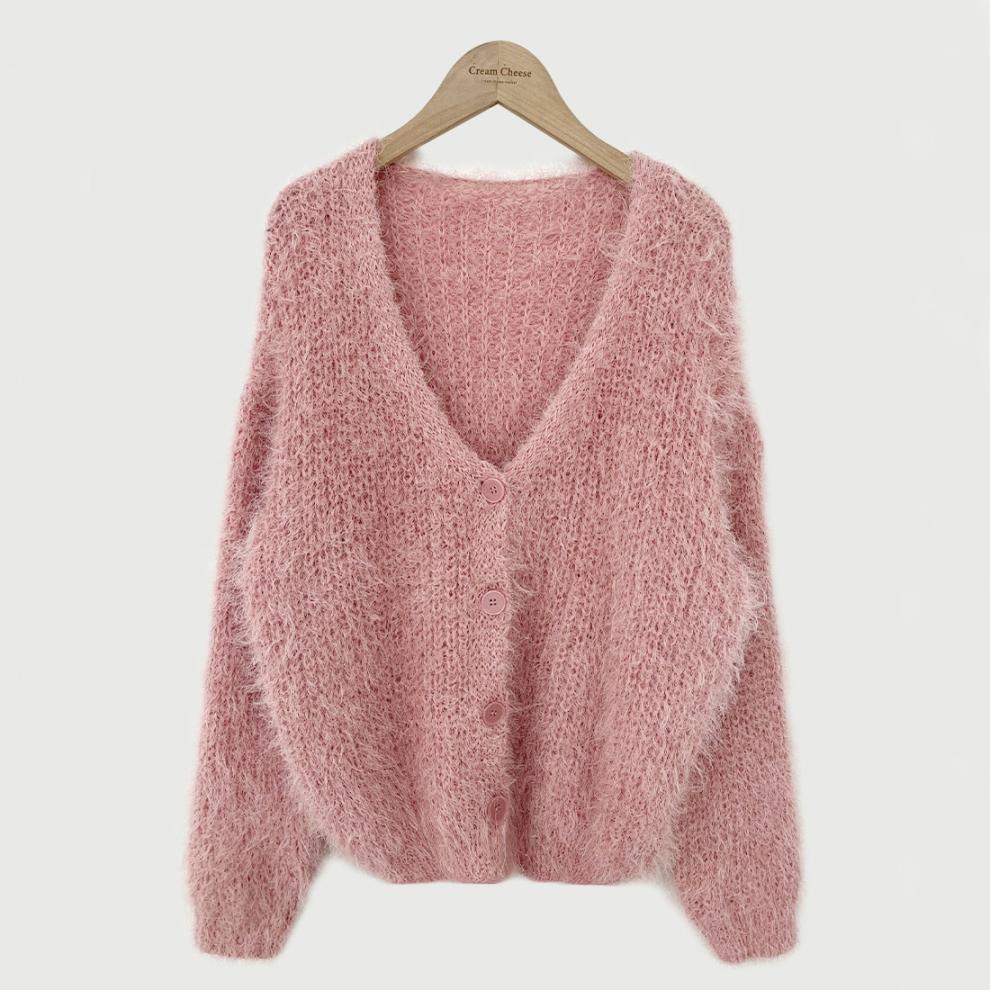 Korean Chic Retro V-Neck Faux Mink Fur Sweater Cardigan - Long-Sleeved, Loose-Fit Women's Knitwear