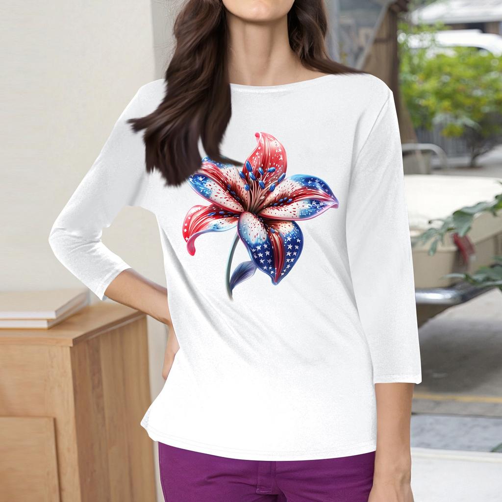 3/4 Sleeve Tops For Women T-Shirt Casual Print Tops T Shirt Round Neck Pullover Blouse