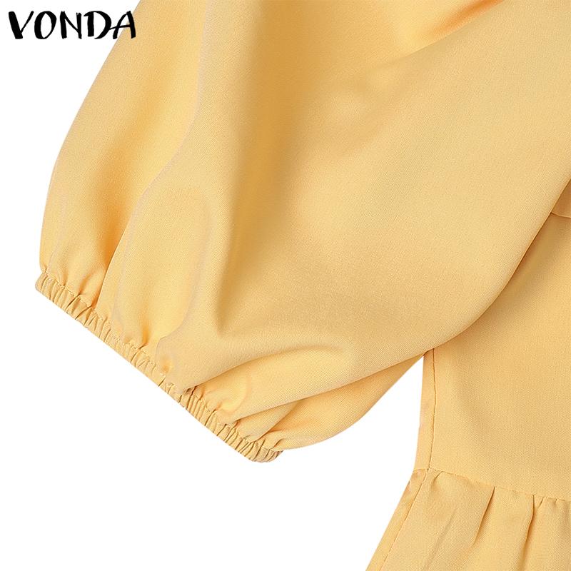 VONDA Summer Women Square Collar Puff Sleeve Ruched Casual Blouse Tops