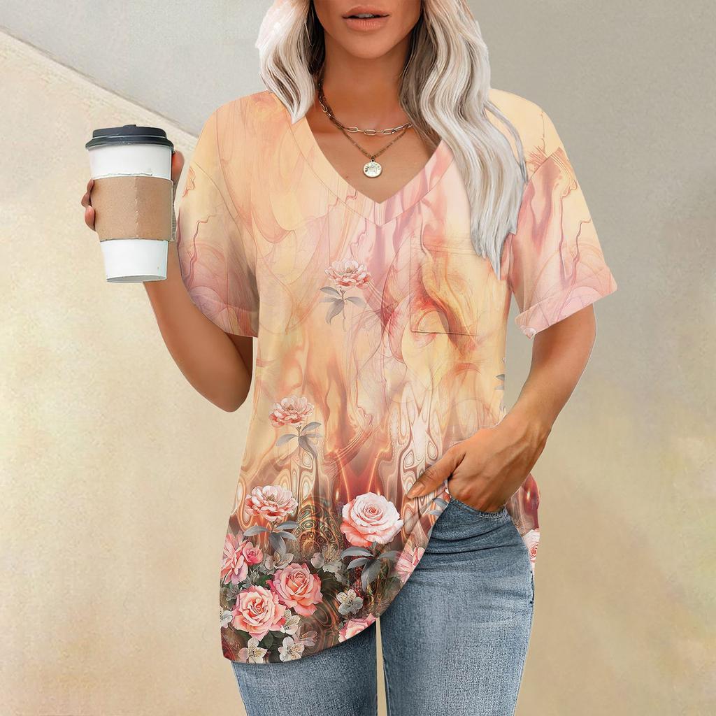 Футболка с коротким рукавом и V-образным вырезом с принтом растений