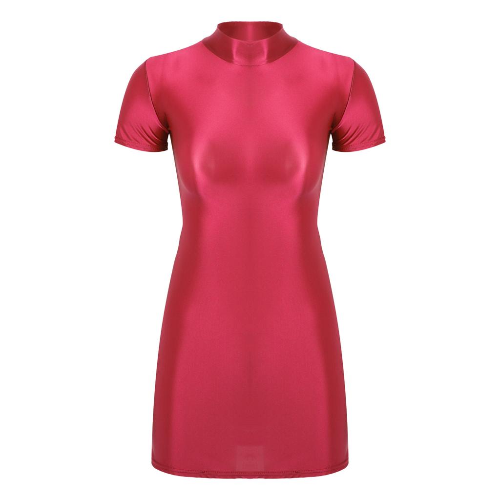 Womens Bodycon Mini Dress Glossy Fabric Mock Neck Short Sleeve Clubwear