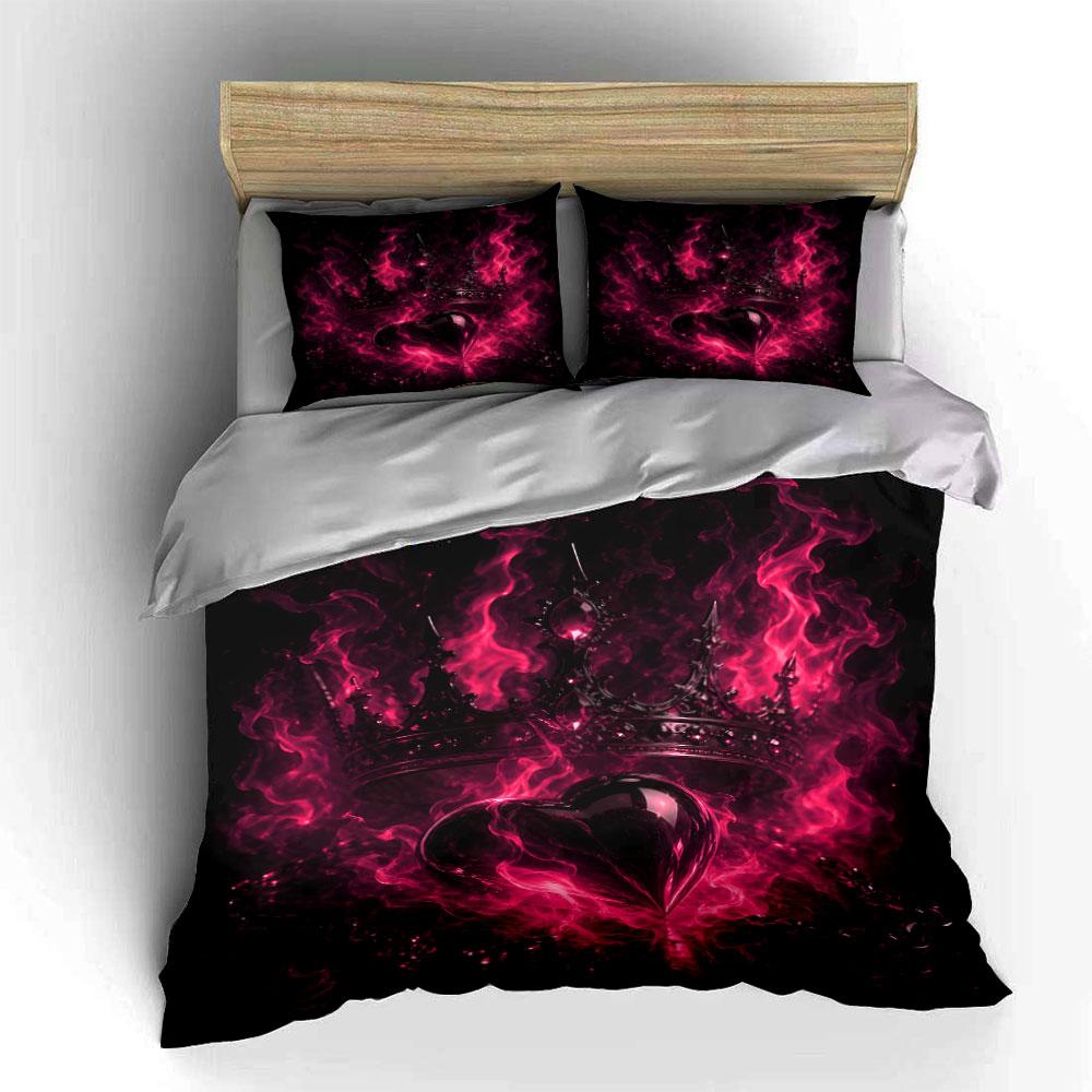 Flaming Crown and Heart Bedding Duvet Cover Set (1*Duvet Cover 2*Pillowcases, without duvet insert)