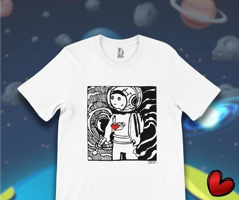Astronaut with heart T-shirt, hand drawn graphic art gift tee