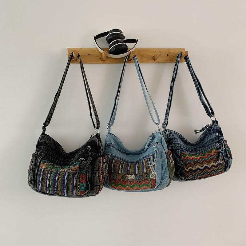 Винтажная джинсовая вышитая сумка-тоут женская большая вместительная на плечо