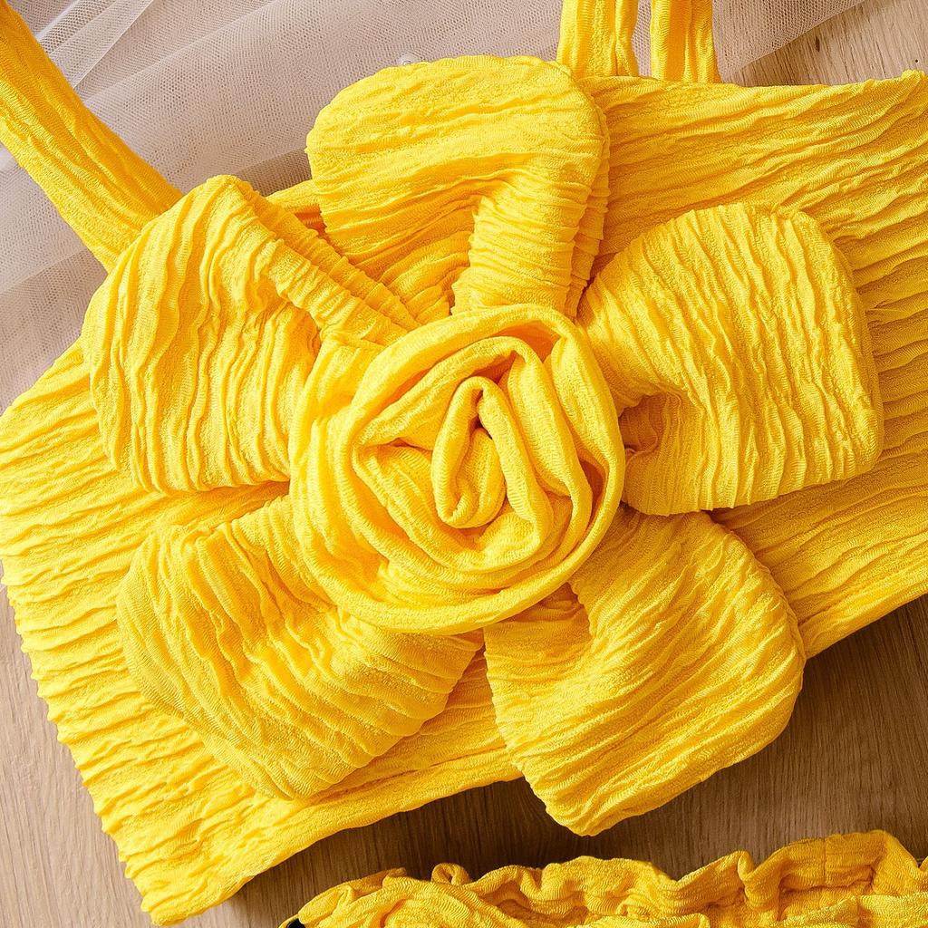 Модный комплект для девочек Летний детский многоцветный объемный цветочный топ-халтер + шорты + головной убор