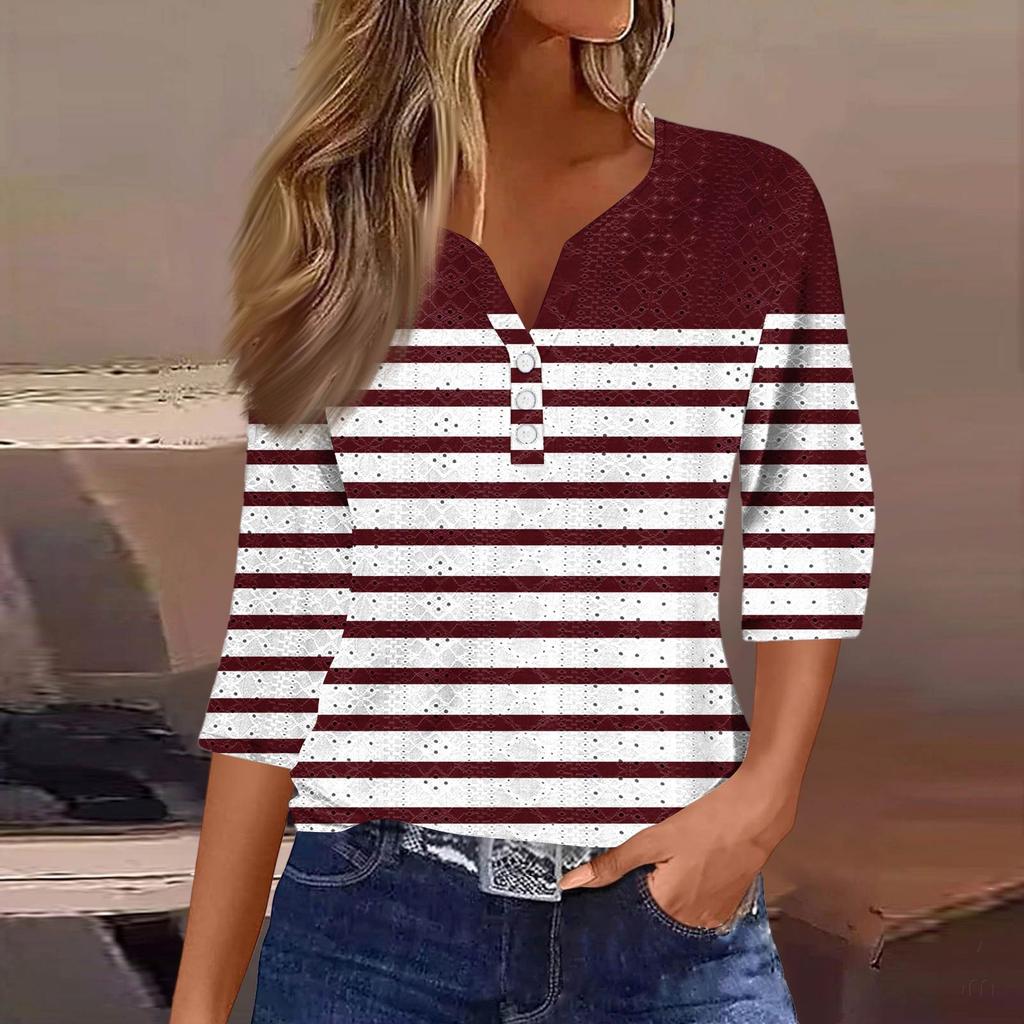 Женская модная футболка с V-образным вырезом, пуговицами, рукавами семь, повседневная полосатая клетчатая футболка с принтом