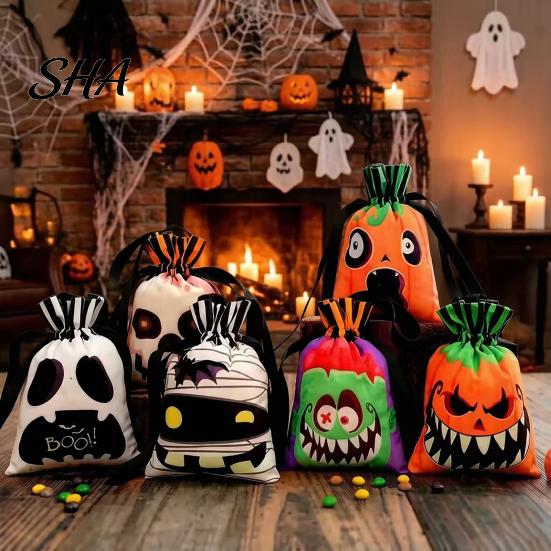 Halloween Candy Bag Pumpkin Ghost Tote Bag, Trick or Treat with Durable Or Double Side Print, Sturdy Reusable Party Favor Gift for Kids Pouch