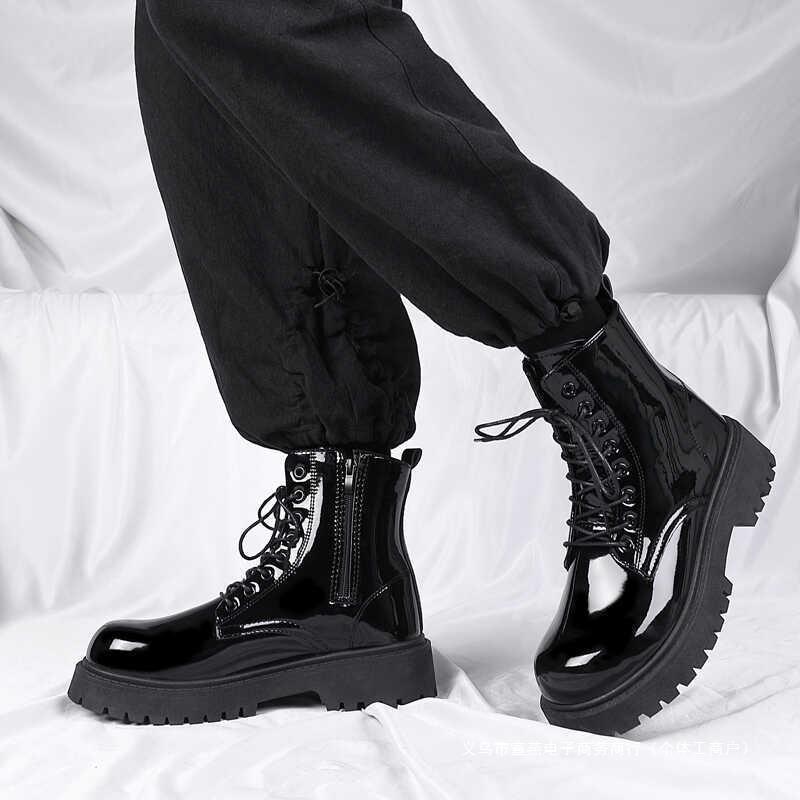 COS Men's Genuine Leather British Style Height-Boosting 10cm Motorcycle Martin Boots