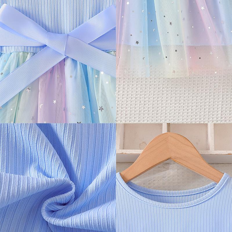 Girls Star Tulle Dress,Little Rabbit Print, Cute Princess Party Dress with Bow, Short Sleeve Summer Dress for Little Girls
