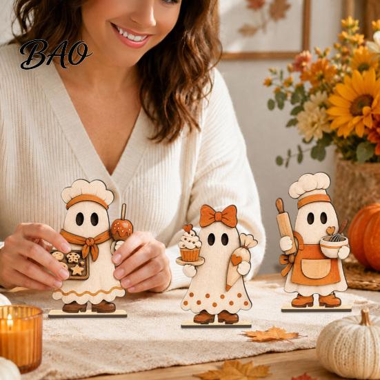 Rustic Wooden Ghost Statue 3 Pcs Vintage Tabletop Centerpiece, Chef Block Sign, Decorative Fall Crafts Freestanding Farmhouse Tiered Tray Ornament for