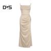 Женское атласное облегающее платье с тонкими бретельками, боковая комбинация, длинное платье с воротником-хомут, сексуальное клубное платье миди для вечеринок, дней рождения, свадеб