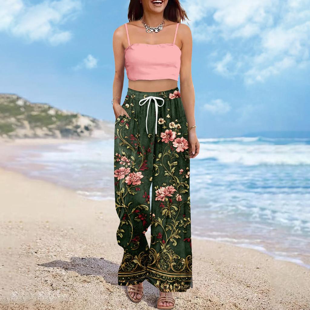 Женские летние брюки-палаццо в стиле бохо с высокой талией, широкие повседневные брюки с цветочным принтом и карманами