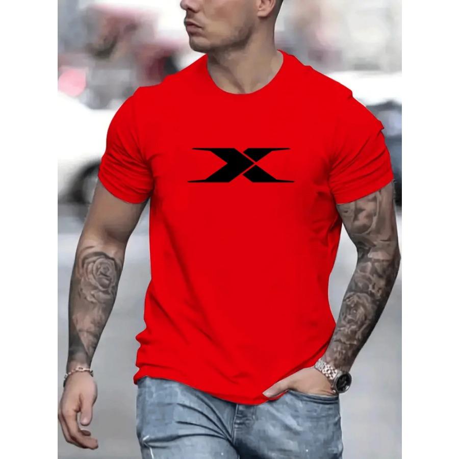 Summer Men's 100% Cotton Casual Loose Fit Large X Letter Print Round Neck Short Sleeved T-shirt Top High Street Unisex Style