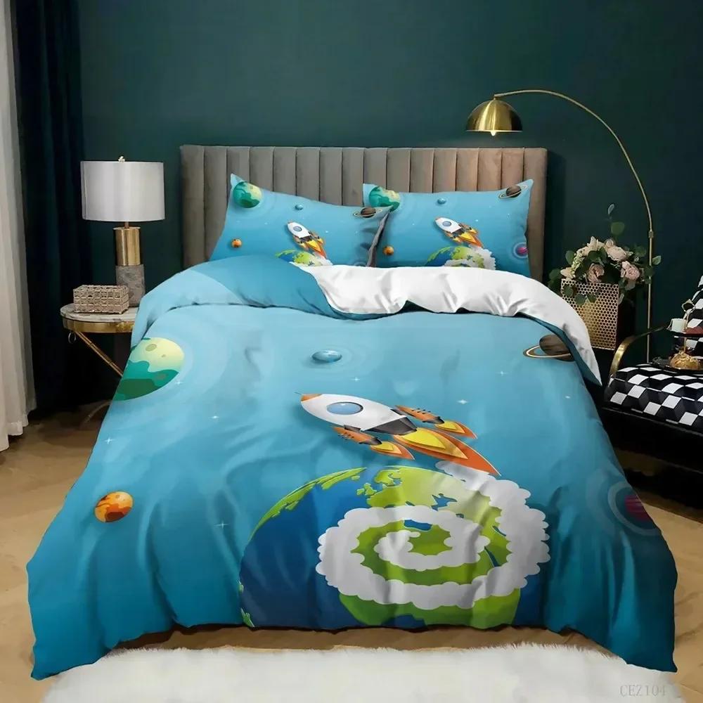 Top 3D Cartoon Duvet Cover Set Science Fiction Space Themed With Earth And Rocket,Decorative Bedding Set,Queen Size Quilt Cover