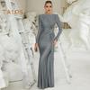 Women Evening Dress Pleated Knot Decor Slim Fit Round Neck Back Zipper Closure Full Length Wedding Party Prom Maxi Dress