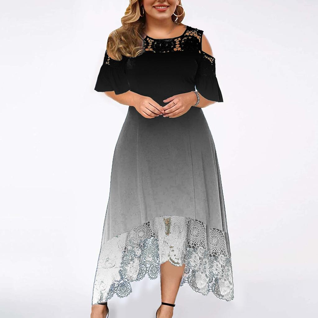 Plus Size Fashion Gradient Print Womens Lace Stitching Ruffle Short-Sleeved Strapless Sheath Dress