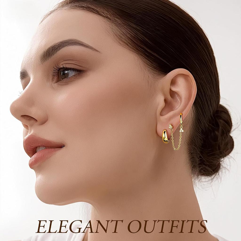 6 Pairs Gold Earring for Women | 14K Gold Plated Hypoallergenic Chain Earring Dainty Huggie Flat Back Earring Stack for Multiple Piercings