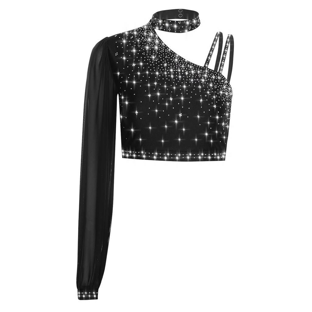 Womens Lyrical Dance Top Asymmetrical Sheer Mesh Long Sleeve Shiny Colorful Rhinestone Crop Top