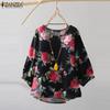 Women Casual 3/4 Sleeve Loose O-neck Floral Print Blouse