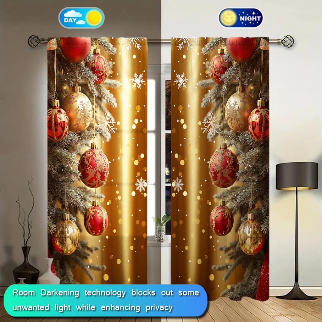 2pcs Christmas Ball Printed Curtain for Christmas Home Decor - Rod Pocket Window Treatment for Bedroom,Office,Kitchen