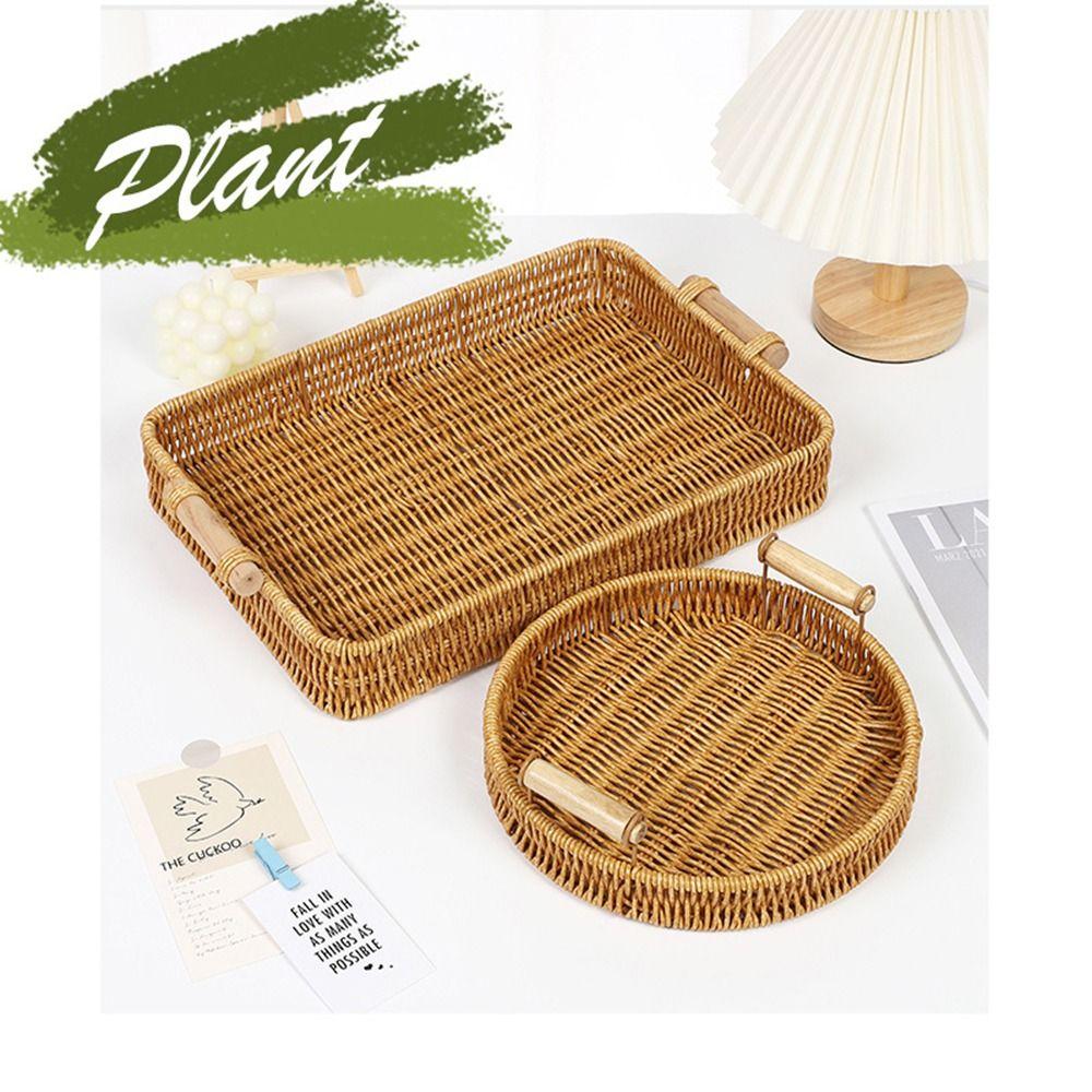 New Handwoven Rattan Basket With Handle Round Shape Storage Tray Breakfast Bread Food Plastic Rattan Threads Basket