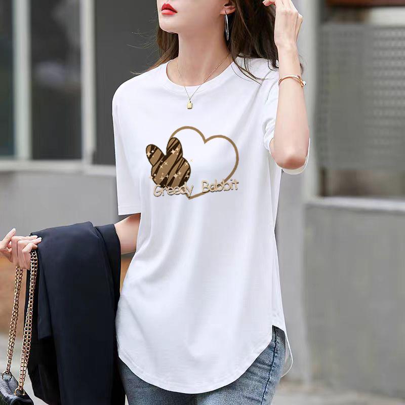 T-shirt Loose Top Black Cotton Round Neck Short Sleeve Women's Summer Curved Hem Split Fork Medium and Long Butt Cover