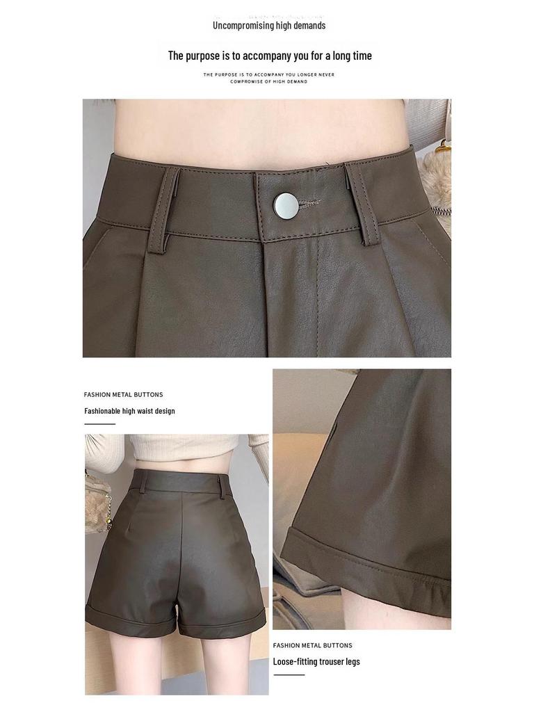 Women's High Waist PU Leather Shorts: Slim, Casual, Wide-Leg Design for Spring, Autumn, and Winter.