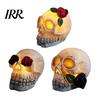 Spooky Skull Lamp Gothic Light Up Rose Flower Figurine, Day of Dead Resin Halloween Decor Statue, Skeleton Head for Desk Home
