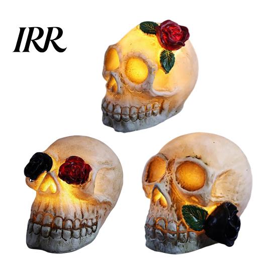Spooky Skull Lamp Gothic Light Up Rose Flower Figurine, Day of Dead Resin Halloween Decor Statue, Skeleton Head for Desk Home