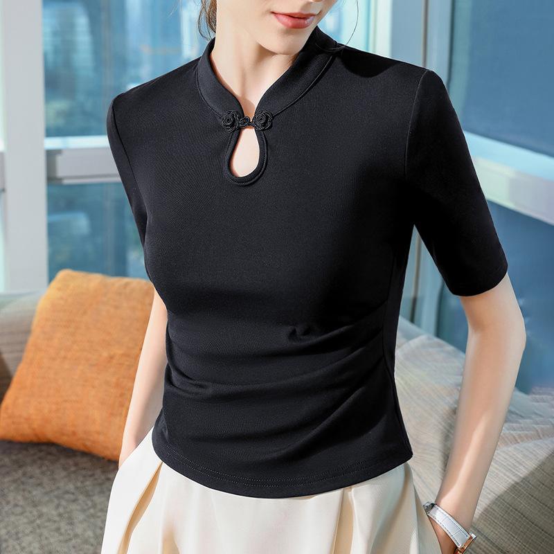 Женская новая футболка со средним рукавом для женщин, новая осенняя женская футболка в стиле ретро с пуговицами, в китайском стиле, с рукавом-пятью, белый топ с воротником-стойкой