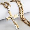 Fish Bone Pattern Cross Pendant Necklace Men Stainless Steel Crucifix Jesus Link Byzantine Chain Necklace Catholic Jewelry Gift