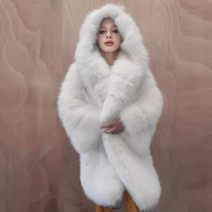 Jacket Hooded Splicing Women's Medium and Long Large Size Loose Warm Fox Hair Jacket Imitation Fur Jacket