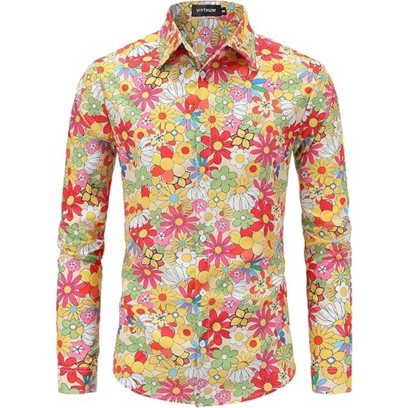 Мужская одежда 70-х годов Повседневная рубашка с длинным рукавом и воротником на пряжке Диско Ретро Пейсли Цветочный Ретро Хип-хоп Рубашка Лето
