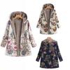 Autumn and Winter Casual Women's Retro Coat Floral Casual Long Sleeve Zip Fleece Jacket Women's Thermal Pocket Hoodie
