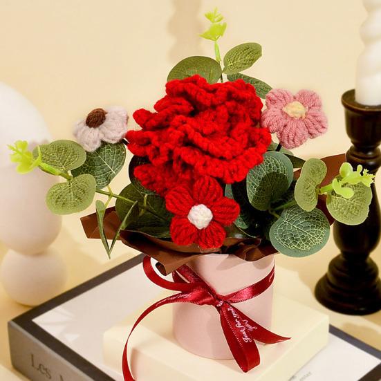 Вязаный Цветочный Букет Ручной Работы Искусственный Вязаный Букет Подсолнух Гвоздика Тюльпан Пушистые Цветы Подарки для Мамы Жены на День Рождения Юбилей