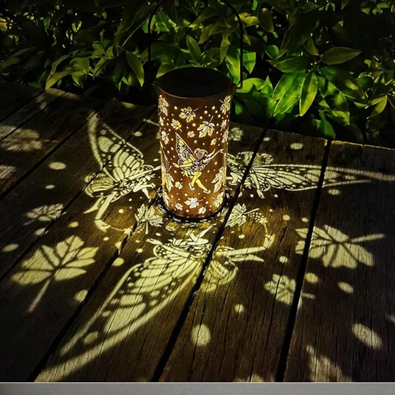 Полый фонарь на солнечной энергии, уличный водонепроницаемый 3d динамический проектор, проекция бабочки, железный подвесной светильник для двора, ландшафтный светильник для газона
