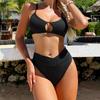 Sexy Women's Swimsuit Black Ribbed Cutout High Waist Bikini Set Beachwear Bathing Suits