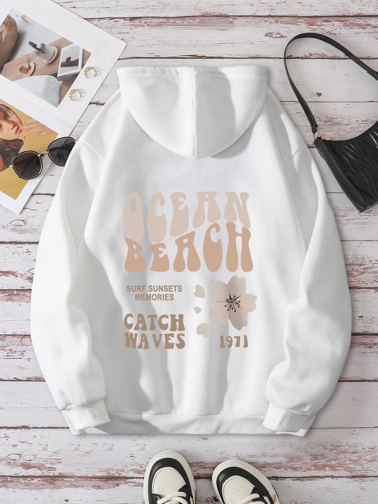 Autumn And Winter Sweater Letter Fashion Printed Shoulder Sleeves Hooded Fleece Sweater Women'S Top