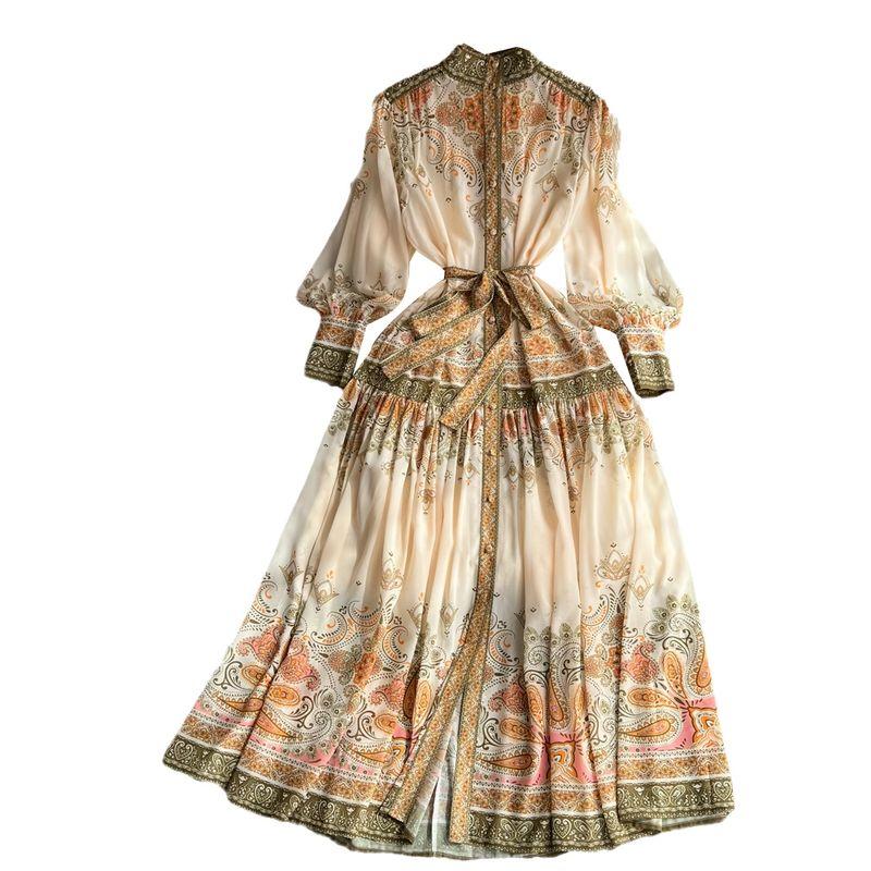 Accessible Luxury Lantern Single-Breasted Elegance Print Dress