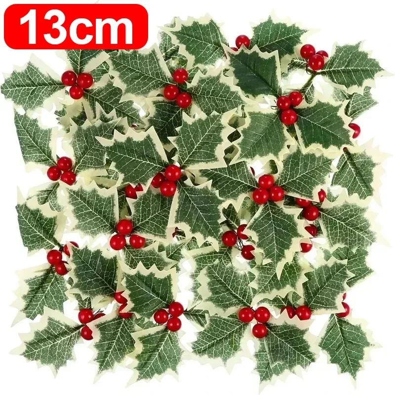 200/50 шт. Искусственные листья падуба, Поддельные растения, Зеленый лист, Красные ягоды для украшения рождественской елки, венка, Декор для новогодней вечеринки