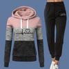 2 Pcs/Set Fall Winter Hoodie Pants Set Printed Colorblock Drawstring Patch Pocket Top Drawstring Elastic Waist Ankle-banded Trousers Lady Tracksuit
